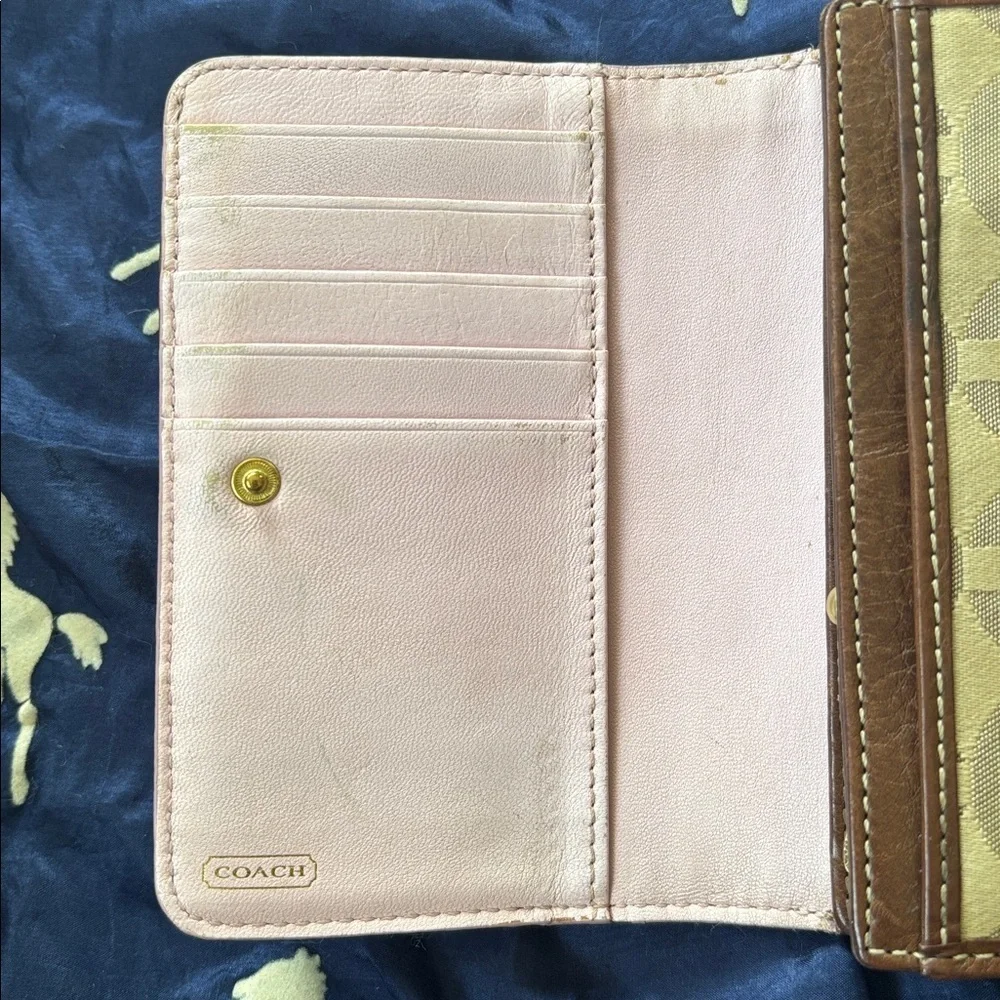 Coach Signature C Khaki Jacquard Canvas Brown Leather Trim Card Organizer Wallet